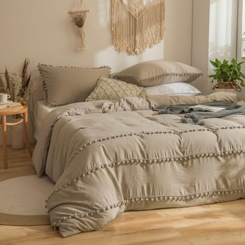 Tospass Quaste Bettwäsche Set 200x200cm Khaki Pompons Fransen Boho Mädchen Bettwaren-Sets Gewaschene Microfaser Unifarben Deckenbezug Bettbezug mit Reißverschluss und 2 Kissenbezug 80x80cm