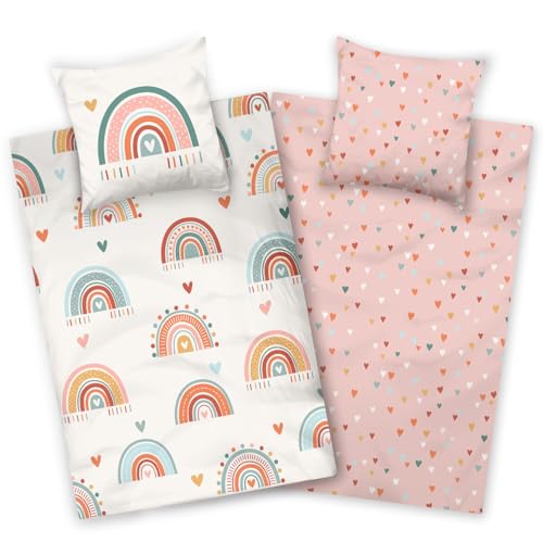 Aminata kids Bettwäsche Kinder 135x200 Mädchen Regenbogen und Herzen Motiv Baumwolle mit Reißverschluss Teenager rosa weiß - Wendebettwäsche Einhorn Aminata kids Bettwäsche Kinder 135x200 Mädchen Regenbogen und Herzen Motiv Baumwolle mit Reißverschluss Teenager rosa weiß - Wendebettwäsche Einhorn