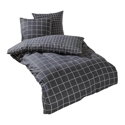 Traumschlaf Feinflanell Bettwäsche Oslo Graphit – Winterbettwäsche aus 100% Baumwolle – weich, flauschig & temperaturausgleichend – modernes Karodesign – mit Reißverschluss – 135x200 cm + 80x80 cm