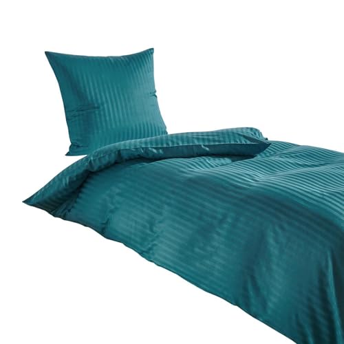 Traumschlaf Mako-Satin Bettwäsche Stripe 135x200 cm – Edle Satin Bettgarnitur aus 100% Baumwolle, Glatte & glänzende Premiumqualität mit Ton-in-Ton Streifen – 240x220 cm + 2X 80x80 cm, Petrol