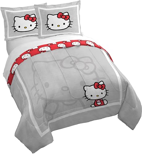 Jay Franco Bettbezug-Set – 3-teiliges Bettdeckenbezug und Kissenbezug-Set, superweiche, gemütliche Bettwäsche (Kissen nicht im Lieferumfang enthalten), Grau – Hello Kitty, Queen