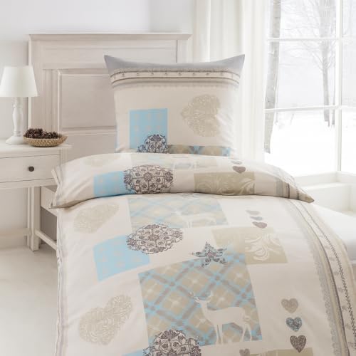 BaSaTex Feinbiber Winter Bettwäsche warme und kuschelige Bettgarnitur und Kissenbezug 135x200 + 80x80 cm | 100% Baumwolle | Kitzbühel - Landhaus - Beige Blau Grau