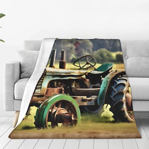 TTYDOKLA Flanelldecke, Motiv: alter Traktor, Foto, Bauernhof, Unisex, für jedes Wetter, tragbar, für Bettwäsche, Sofa, Reisen und Camping