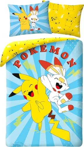 Halantex Bettwäsche Pokemon Pikachu und Flambino, 100 % Baumwolle, wendbarer Bettbezug 140 x 200 cm + Kissenbezug 65 x 65 cm
