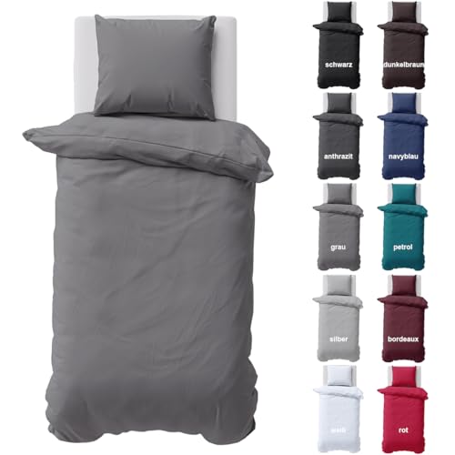 Visaggio Bettwäsche 155x220 cm Bettbezug Baumwolle Renforce 2 teilig Bettwäsche-Set Uni Grau