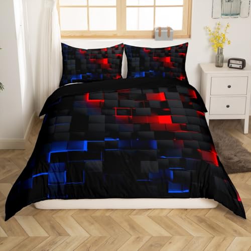 Homewish Neon Rot Blau Geometrie Bettwäsche 200x200 Kinder,Abstrakte Quadratisches Gitter Bettbezug für Mädchen Jungen Jugendliche Männer,Farbverlauf Geometrische Kariert Stereoskopisch Bettwäscheset