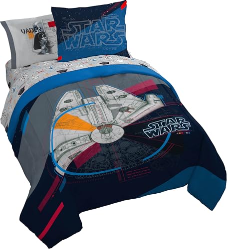 Jay Franco Kinder-Bettwäsche-Set mit Laken und Kissenbezügen, weiches und gemütliches Bettwäsche-Set für stilvolle Raumdekoration, dunkelblau – Star Wars, 7-teiliges Queen-Bettwäsche-Set