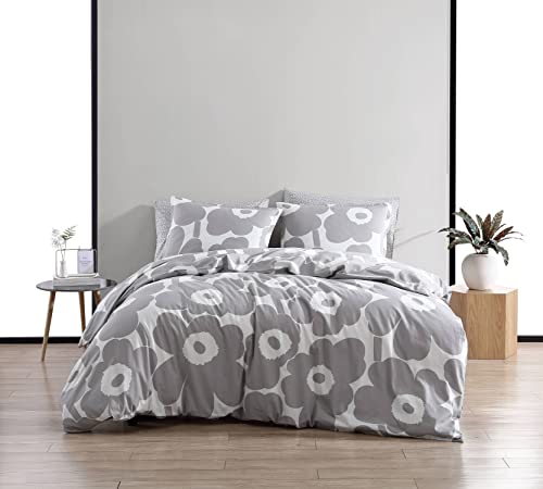 Marimekko | Unikko Collection | Bettbezug-Set – 100% Baumwolle, mittelschwer & Ganzjahresbettwäsche mit Knopfverschluss, inklusive passenden Kissenbezügen, Queen-Size, Grau, USHSFN1191142