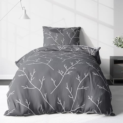 LINKHOFF Biber Bettwäsche 155x220cm - Zweigemuster in Grau Weiß Bettwäsche Anthrazit Zweige 100% Baumwolle - Bettwäsche-Set Aesthetic Floral Paisley