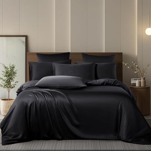 Boqingzhu Bambus Bettwäsche 135x200cm Schwarz Uni Einfarbig Einzelbett Luxus Lyocell Seide Bettwäsche Set Bettbezug mit Reißverschluss und Kissenbezug 80x80cm