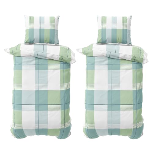 Visaggio Biber Bettwäsche 135x200 cm 4teilig Winter flauschig Feinbiber Bettbezug Schlafzimmer Set geblümt gestreift Grün Petrol