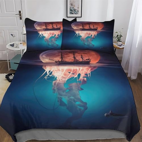 AAPZY Sea Pirate Moon JellyFisch 3D Muster-Bettwäsche-Set 3teilig Mit Bettbezug Und Kissenbezug, Für Jungen Mädchen Schlafzimmer Atmungsaktiv Mikrofaser Bettbezüge Bettgarnitur King (220x240cm)