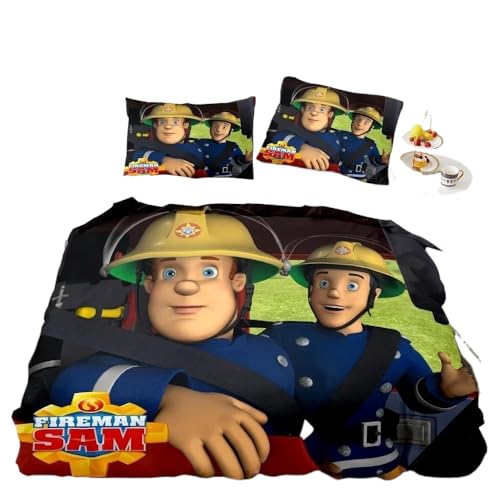 GOUVKEY Cartoon-bedrucktes Feuerwehrmann-Bettwäsche set „Feuerwehrmann Sam“ HD-Bettbezug Bettwäsche für Kinder Bettwäsche-Sets Schlafzimmerdekoration (90x200cm+80x80cmx1,7)