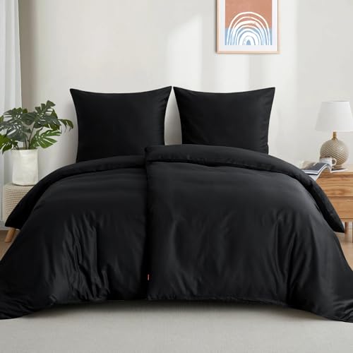 Aisbo Bettwäsche 135x200 Baumwolle 4teilig - Bettwäsche-Sets Schwarz Bettbezug 2er Set mit 2 Kissenbezüge 80x80 cm, Baumwollbettwäsche Set, Oeko-TEX Bettwäsche Schwarz mit Reißverschluss