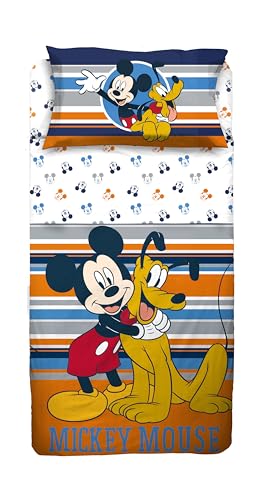 Bettwäsche-Set für Einzelbett, Motiv: Mickey Mouse, 100% Baumwolle, Bettdecke, Oberlaken mit Ribaltina, Spannbettlaken + Kissenbezug