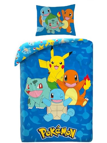 Halantex Bettwäsche Pokemon mit Pikachu, Glumanda, Schwertkäfer und Bulbizarr, Bettbezug 140 x 200 cm + Kissenbezug, Blau, POK579