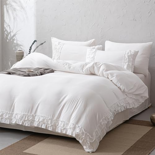 Herside Bettwäsche-Set für Einzelbett, einfarbig, weiß, niedlich, Boho-Rüschen, bedruckt, Bauernhaus-Chic, Bettbezug mit 1 Rüschen-Kissenbezug, für Jungen und Mädchen