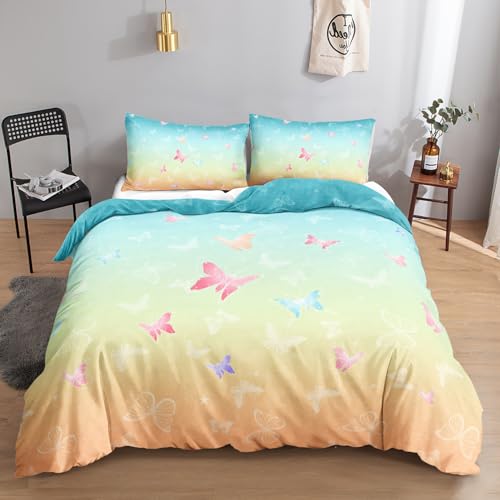 HOSIMA Bunt Schmetterling-bettwäsche set, 200 x 200 cm, Türkis?Orange, Bettwäsche Set 1 Bettbezug, 2 Kissenbezug, mit Reißverschluss, geeignet für Kinder, Jugendliche und Erwachsene
