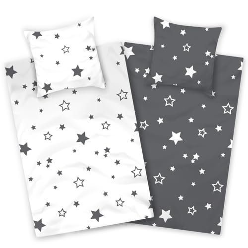 Aminata kids Bettwäsche 135x200 Sterne weiß anthrazit Baumwolle Stern-Motiv, Reißverschluss weich & atmungsaktiv, Sommer-Bettwäsche-Set Jungen Mädchen - Wendebettwäsche