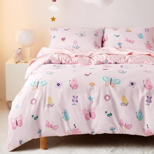 Freyamy Kinder Bettwäsche 100x135cm 2teilig Rosa Bunt Schmetterling Blume Wendebettwäsche Gebürstet Microfaser Weiche Kinderbettwäsche Mädchen Bettbezug mit Reißverschluss und Kissenbezug 40x60cm