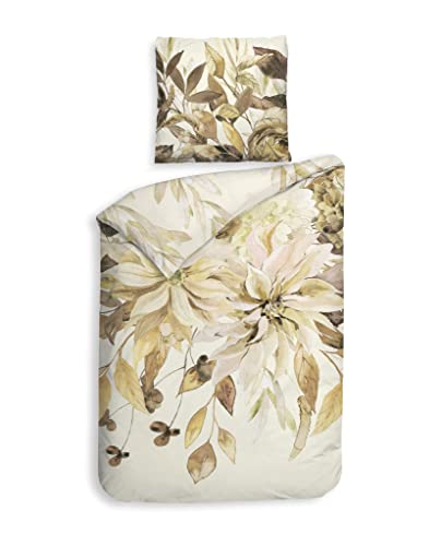 Heckett & Lane Mako-Satin Bettwäsche 135x200 Horatia Clematis Blumen beige braun