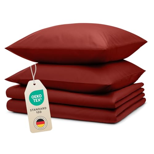 Blumtal Bettwäsche 2X 135x200cm + 2X 80x80cm Kopfkissenbezug - Oeko-TEX zert. Mikrofaser Bettwäsche Set - Mikrofaser Bettbezug bis 95 °C - Deckenbezug + Kissenbezug 4-teilig - Bettbezug Aurora Rot