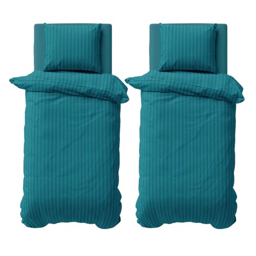 Visaggio 4 TLG Bettwäsche 155x220 cm Premium Mikrofaser Damast Bettbezug Gestreift Garnitur Schlafzimmer Set Petrol