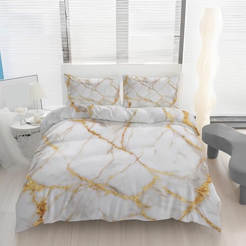 Weiß Golden Marmor Bettwäsche 135x200, Moderne Luxus Wendebettwäsche, Abstrakte Kunst Motiv Bettbezug mit Reißverschluss, Weiche Mikrofaser Bettwäsche Sets 2 Teilig mit 1 Kissenbezug 80x80 K198l