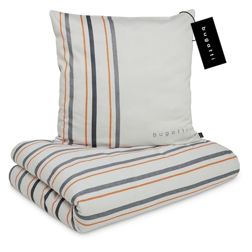 bugatti Bettwäsche 135x200 cm - 100% Baumwolle, Reißverschluss, anschmiegsam, weich & waschbar, Satinbettwäsche grau orange gestreift