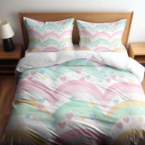 Bettwäsche 135 x 200 cm 2-teiliges Set, Regenbogen Herz Punkte Wende Bettbezug Elfenbeinweiß Kissenbezug 80 x 80 cm, Microfaser, atmungsaktiv, maschinenwaschbar mit Reißverschluss Bettwäsche 135 x 200 cm 2-teiliges Set, Regenbogen Herz Punkte Wende Bettbezug Elfenbeinweiß Kissenbezug 80 x 80 cm, Microfaser, atmungsaktiv, maschinenwaschbar mit Reißverschluss