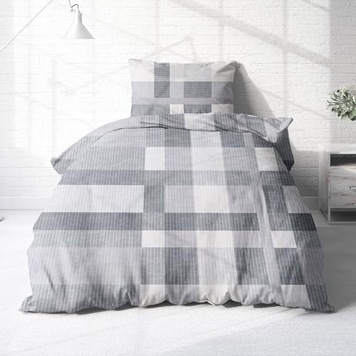 Träumschön Premium Bettwäsche 155x220 + 80x80 cm - Kariertes Design grau - Sommer Bettwäsche aus Baumwolle – Weich, Atmungsaktiv & Hautfreundlich - bügelfrei