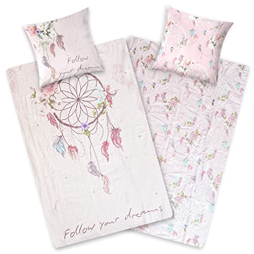 Aminata kids Bettwäsche Traumfänger 135x200 Mädchen Biber warm, weich & kuschelig mit Reißverschluss - Flanell Baumwolle - Mädchen Jugendliche Dreamcatcher Kinder Motiv Feder Indianer
