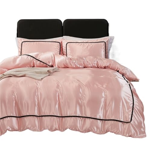 NJIEzhao 3-teiliges Satin-Bettbezug-Set aus Seide, weiß, schwarz und rosa, Bettbezug, seidig, weich for alle Jahreszeiten Seidenbettwäsche Set(Pink,200x200cm-UK-Dou ble)