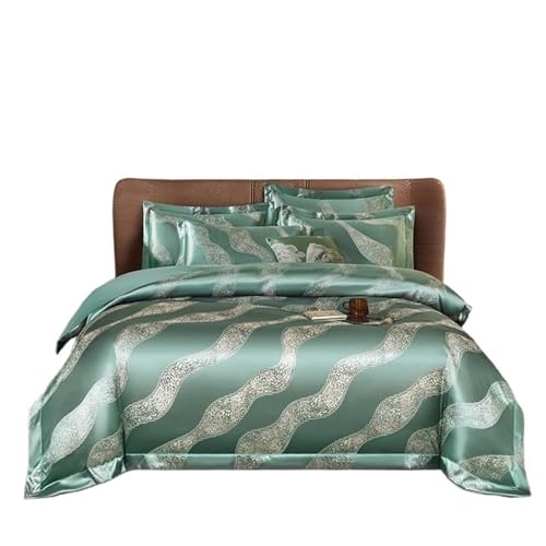 DFGBAPKBL Seidenbettwäsche-Set Garngefärbtes Jacquard-Satin-Bettwäsch eset mit zarter, seidiger Textur, Doppelbett, Queensize (1 Bettbezug + 1 Bettlaken + 2 Kissenbezüge)(Color 1,Queen 200X220cm4Pcs)