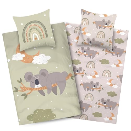 Aminata kids Kinderbettwäsche 135x200 Baumwolle Mädchen Koala Motiv Kinder-Wende-Bettwäsche- Set bunt Regenbogen Mond Wolke & Sterne