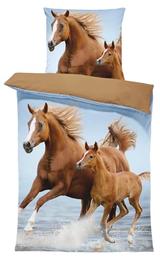Bettwäsche 135x200 cm Mikrofaser Bettbezug Kinderbettwäsche Fotodruck modern weich und kuschelig knitterfrei für Sommer und Winter geeignet, Farbe:Pferde blau braun, Größe:2 teilig 135x200 cm