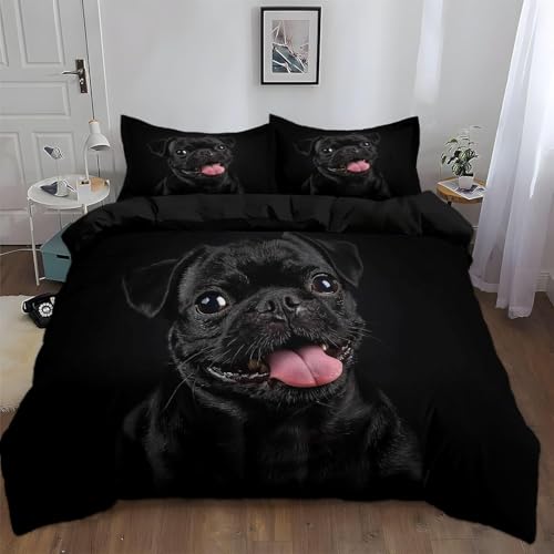 Buohwiwe Bettwäsche 155x220 Süßer Mops Bettbezug 155 x 220 cm 3 Teilig Wendebettwäsche 3D Schwarzer Hund Weich Mikrofaser Bettwäsche-Sets mit Reißverschluss und 2 Kissenbezüge a.6745