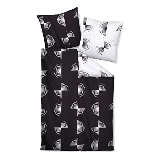 Janine Bettwäsche J.D. 87073 98 Schwarz Weiß Grafisches Design Kreise Fächer Gefächert Striche Mako Satin, Größe:135 cm x 200 cm