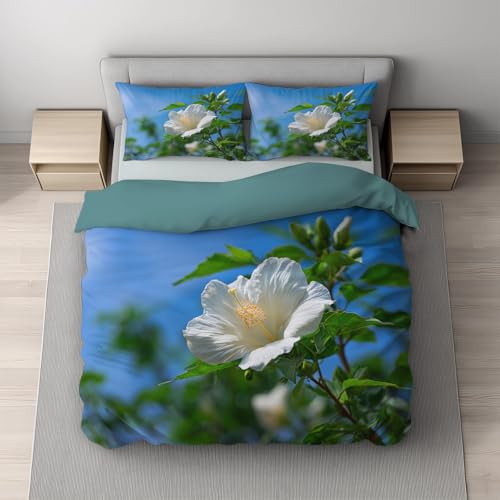 Generisch Himmelblau Bettwäsche Realistisch Bettbezug-Set 180 x 200 cm + 2 Kissenbezüge 80 x 80 cm, Hochwertiges Microfaser Wendebettwäsche mit Reißveschluss, Foto Hd Hibiskus