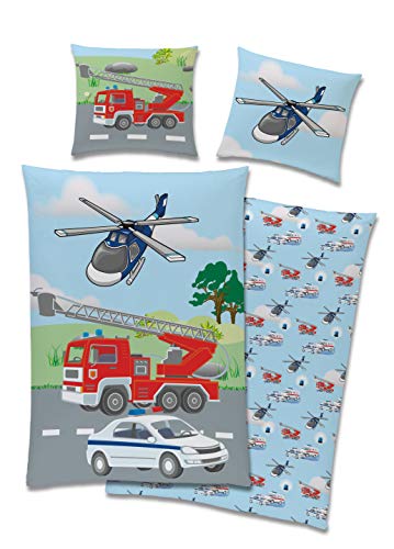 Familando Kinderbettwäsche mit Polizei Feuerwehr Motiv aus 100% Baumwolle · Bettwäsche mit Wende-Motiv und Reißverschluss · Bett-bezug 135x200 cm · Kopfkissen-bezug 80x80 cm · 100% Baumwolle