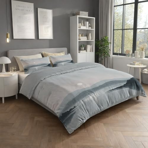 Bettwäsche 140 x 200 cm - Bettbezug Angenehm Leicht Atmungsaktiv - Modedrucke Mikrofaser 2teilig Set mit Kissenbezüge 80x80 cm Orientalischer Stil Landschaft Fluss mit Reißverschluss Grau