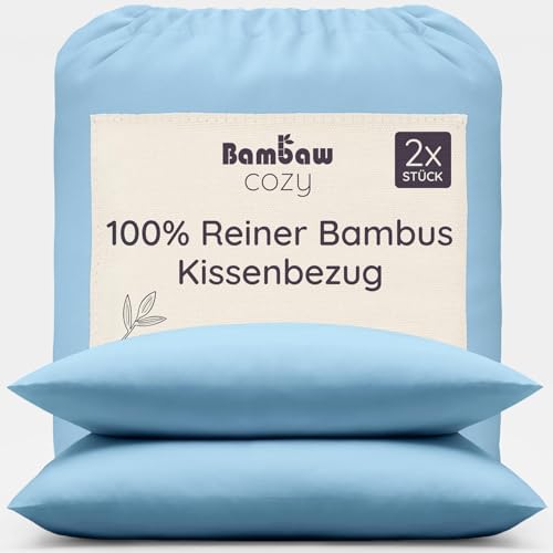 Bambaw Kopfkissenbezug 80x40 aus Bambus, 2-er Pack, 100% nachhaltige Bambusfasern, Allergie Bettwäsche, atmungsaktive Bettwäsche Anti Schwitzen, Anti Haarbruch Kissenbezug 40 x 80 kühlend (Hellblau)