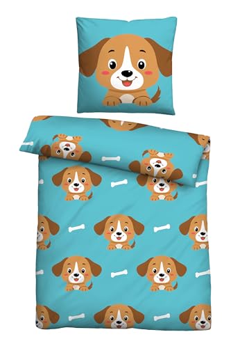 Traumhaft schlafen - Castell - Markenbettwäsche Mikrofaser Bettwäsche 0560247 Hund 1x 135x200 cm + 1x 80x80 cm, türkis