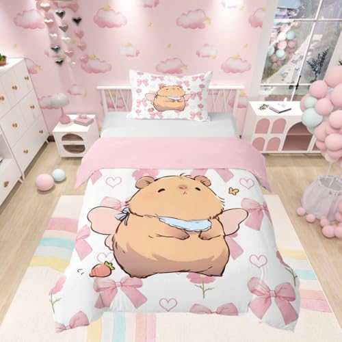 Homewish Cartoon Engel Capybara Bowknot Bettwäsche 135x200 Rosa Schleifen Herz Blumen Erdbeere Bettwäsche Set Kapibara als Engel mit Flügeln Jugendliche Bettbezug Mädchen Dame Prinzessin Bettset