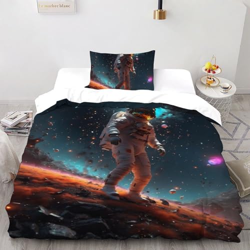 DICENOT Outer Space Astronauts Bettwäsche Set Kunst Bettdeckenbezug 2teilig Microfaser Weiche Jugendliche Mit Reißverschluss Single?135x200cm?