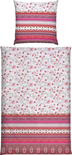 Erwin Müller Mako-Satin Bettwäsche Blumen und Bordüre pink weiß Größe 80x80 cm / 135x200 cm - seidig weiche Qualität, temperaturausgleichend, mit Reißverschluss