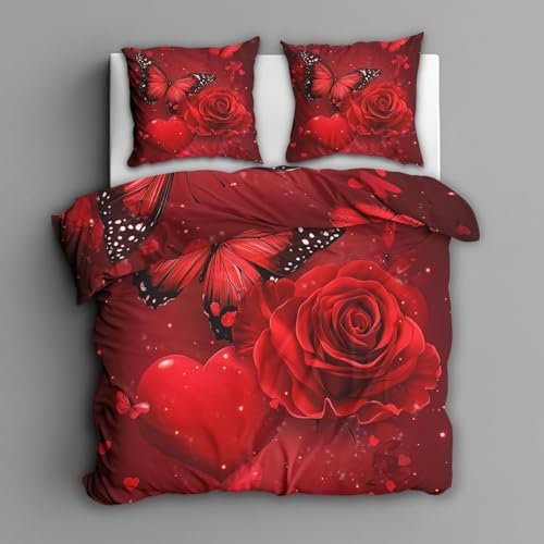 Bettwäsche 200x200 Rote Rose 3D Druck Bettbezug 200x200 Romantisches Thema Bettwäsche-Sets Weiche Mikrofaser Bettwäsche Set 3 Teilig Bettbezüge für Doppelbett mit 2 Kissenbezüge H-334