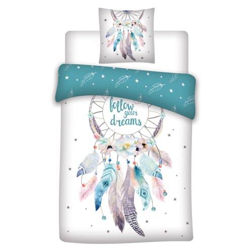 Familando Traumfänger Bettwäsche Set 2-TLG. Bettbezug 135x200 für Teenager 100% Baumwolle Flanell Bettwäsche mit Blumen und Federn (Türkis-Blau)