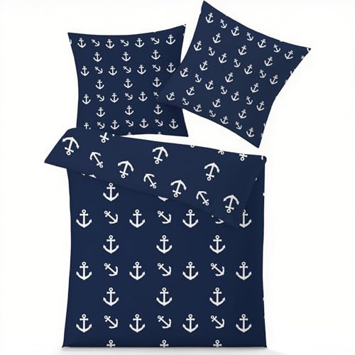 GEDAEUBA Bettwäsche 200x220 Maritim Anker Nautisch - Marineblau Weiß Bettbezug, Wendebettwäsche und Kissenbezug 80x80, Weiche & Angenehme Mikrofaser Bettwäsche-Sets mit Reißverschluss