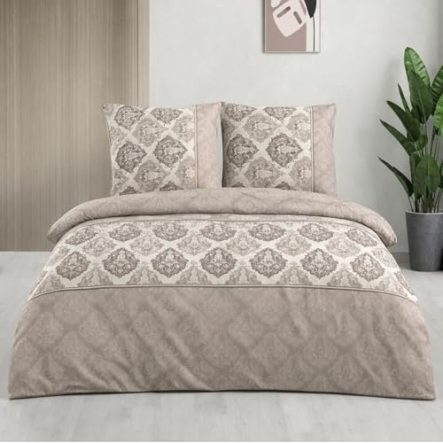 ZIRVEHOME Bettwäsche 155x220 cm 2-teilig Braun Bettbezug 155x220cm klassisches Ornament Design in Braun, Beige und Cremetönen Baumwoll-Bettwäsche-Set 155 x 220 cm. RomanaP1